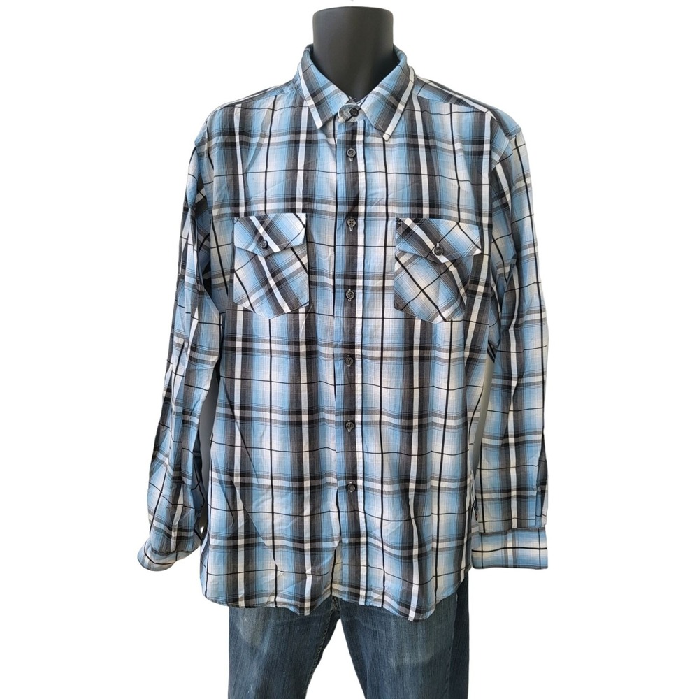 Airwalk Mens XL Plaid Button Down Shirt Long‎ Sleeve Blue Black Flap Pockets